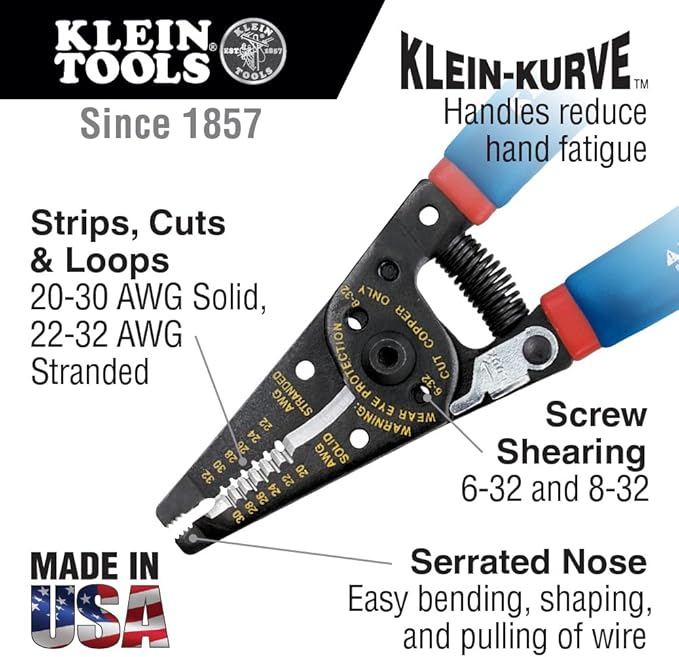 Klein Tools 11057 Wire Cutter/Stripper, Made in USA, Heavy Duty Cutter for 20-30 AWG Solid and 22-32 AWG Stranded Wire