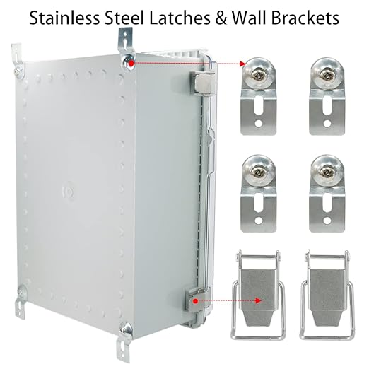 Junction Box, Hinged Clear Cover Stainless Steel Latch IP67 Waterproof ABS Project Box with 2 Cable Glands,Electrical Box Enclosure with Mounting Plate & Wall Bracket 13.8x9.8x5.9inch