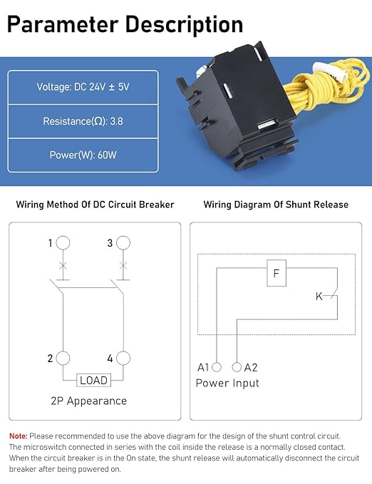 DIHOOL DC Circuit Breaker shunt Release, 24VDC Remote Control to Disconnect Circuit, Used for 100-320 Amp DHM3Z Breaker