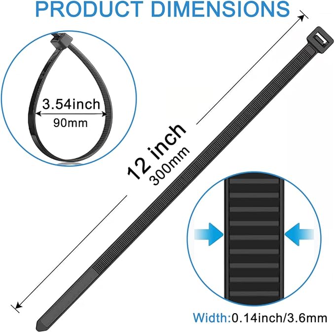 50 Pack 12 inch Black Cable Zip Ties, Nylon Self Locking Plastic Wire Ties, UV-Resistant, Cable Ties with 40 lbs Tensile Strength, High/Low Temperature-Ideal for home, fence...