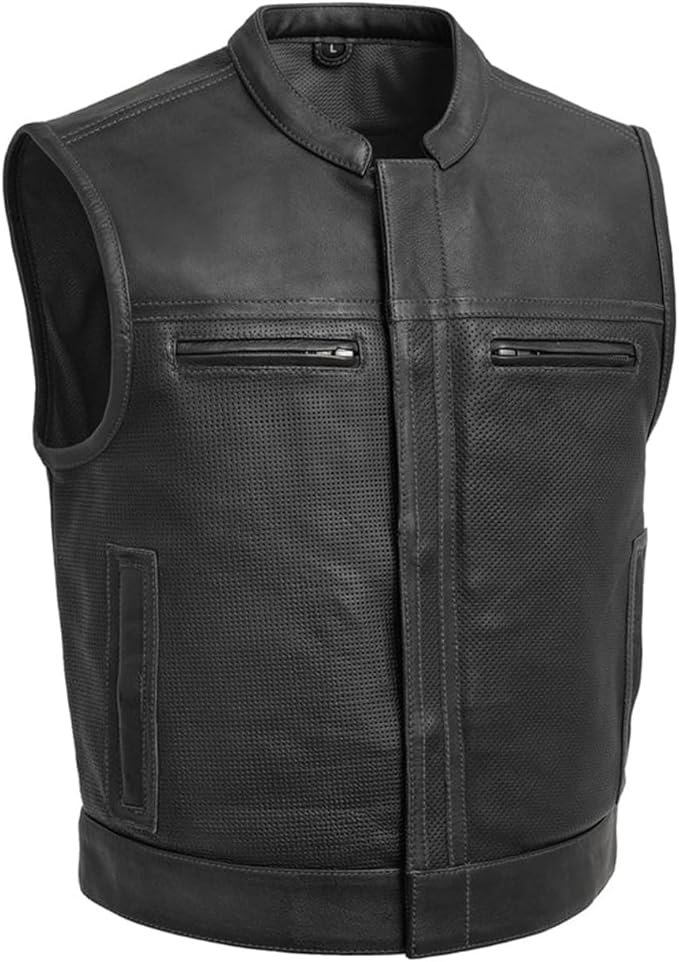 First Mfg Co Lowrider Mens Motorcycle Biker Riding Armor Club Style Black Leather, Twill, Moto Mesh, Perforated Vest