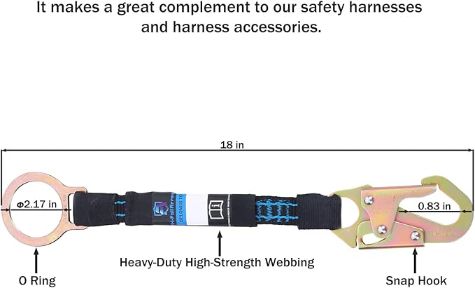 18 Inch D Ring Extender with Galvanized Steel Self Locking Snap Hook and O Ring，Heavy Duty Fall Protection Safety Harness Extension Lanyard，For Construction & Roofing, OSHA/ANSI Compliant