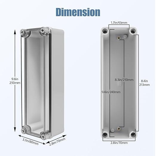 LeMotech Junction Box IP67 Waterproof Dustproof Electrical Box Project Box DIY Enclosure Gray with Transparent Clear Cover, External Size 9.8x3.1x2.8in (250x80x70mm)