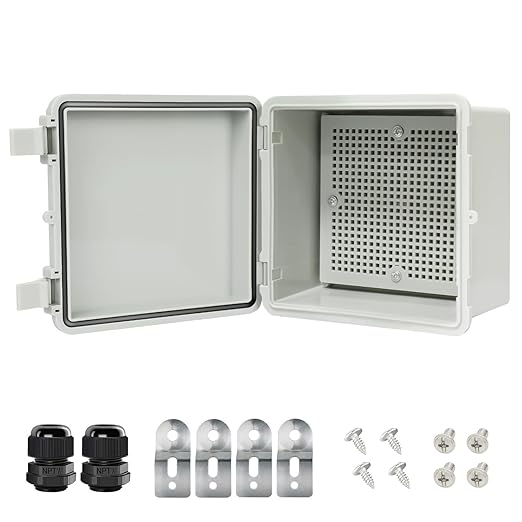 Junction Box IP65 Waterproof Electrical Box Outdoor ABS Plastic Project Box Hinged Shell Universal Enclosure Box with Mounting Plate, Wall Brackets, Cable Glands 5.9" x 5.9" x 3.5"