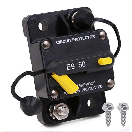 Manual Reset Circuit Breaker 12V-72V 50A for Car Audio RV Truck Solar System Boat Marine Automotive, IP67 Waterproof, UL, Overload Protection, Heavy Duty DC Resettable Breaker 50 Amp