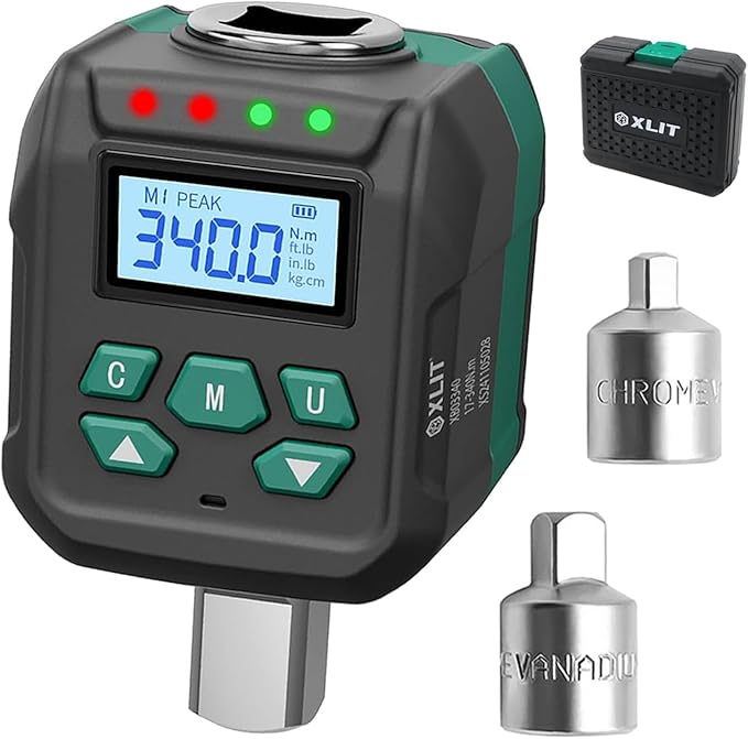 1/2" Digital Torque Adapter Set with Socket Adapters (1/4", 3/8") - ±2% Accuracy, 12.5-250 ft-lb, Buzzer & LED Alerts, Working with Ratchet Wrench, Breaker Bar - For Automotive, Motorcycle & Car