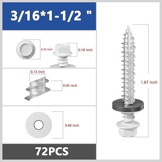 # 3/16 * 1-1/2" 72PCS 1lbs White Hexagonal Metal Sheet roof Screws, #10 * 1-1/2 with EPDM washers and Hexagonal self Tapping, Used for Metal to Wood, Corrugated Roofs.5 * 38mm