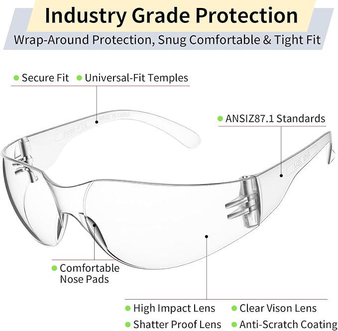 10 Pack Clear Safety Glasses for Men Women, ANSI Z87.1 Certified Scratch & Impact Resistant Wrap Around Lens