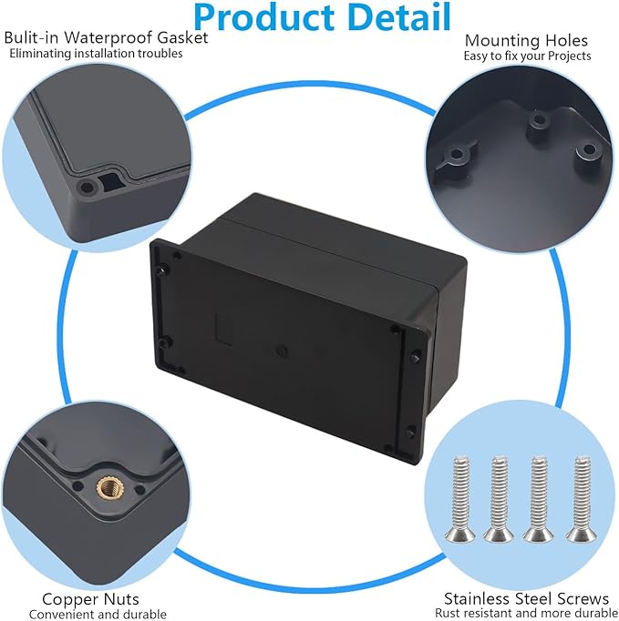 Project Box ABS Black Electrical Boxes IP67 Outdoor Waterproof Junction Box Electronic with Mounting Ears Includes Cable Glands for DIY Project 7.9 x 4.7 x 4.5 inch (200x120x113mm)