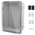 IP67 Waterproof Junction Box, ABS Plastic Electrical Enclosure with Stainless Steel Latch, Hinged Cover Electric Box with Mounting Plate, Wall Brackets & Cable Glands 290x190x140