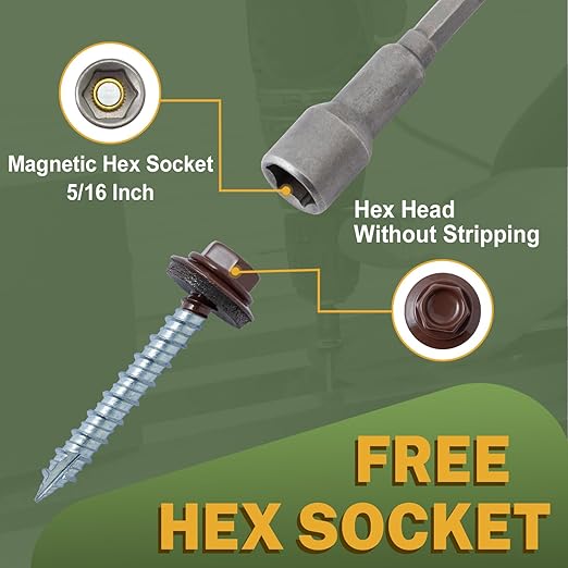 LIONMAX Metal Roofing Screws #10 × 2 Inch, 300-PCS, Brown Painted Hex Head Sheet Metal Roof Screws, Rubber Washer, Sharp Point, Metal to Wood Siding Screws, Hex Socket Included