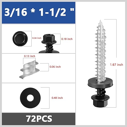 # 3/16 * 1-1/2" 72PCS 1lbs Black Hexagonal Metal Sheet roof Screws, #10 * 1-1/2 with EPDM washers and Hexagonal self Tapping, Used for Metal to Wood, Corrugated Roofs.5 * 38mm