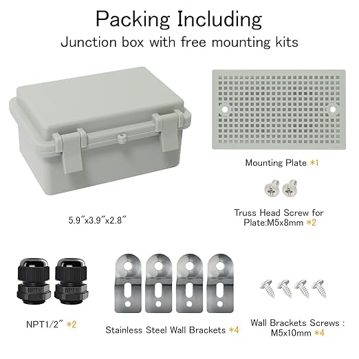 Waterproof Electrical Box Outdoor IP65 Plastic Junction Box Project Boxes for Electronics Hinged Shell Enclosure with Mounting Plate, Wall Brackets, Cable Glands 5.9" x 3.9" x 2.8"