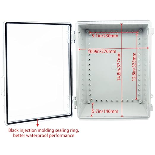 Junction Box, Hinged Clear Cover Stainless Steel Latch IP67 Waterproof ABS Project Box with 2 Cable Glands,Electrical Box Enclosure with Mounting Plate & Wall Bracket 15.7x11.8x7.1inch