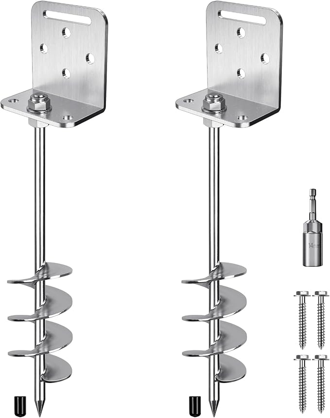 18'' Heavy Duty Ground Anchors 10mm Solid Steel with L Bracket, for Trampoline Mobile Home Swing Set Shed Carport Tent Earth Anchor Fence, 2.7" Helix Blade & Chrome Plated Finish, 2Pack