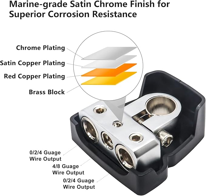 Recoil PBT-S04 2 Pack Premium Solid Brass Positive Negative Battery Terminals Clamps with Two 0/2/4 Gauge Outputs and One 4/8 Gauge Output