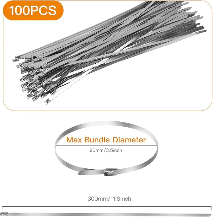 100 Pcs Metal Zip Ties 11.8 inch 304 Stainless Steel Zip Ties Heavy Duty Outdoor Multi-purpose Self-locking Cable Ties for Exhaust Wrap, Chain Link Fence, Machinery, Vehicles,Farms, Pipes