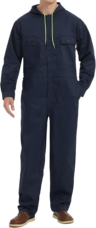 Mens Cotton Blend Long Sleeve Coverall Multi Pockets Zip Overall Mechanic Work Jumpsuit with Hood