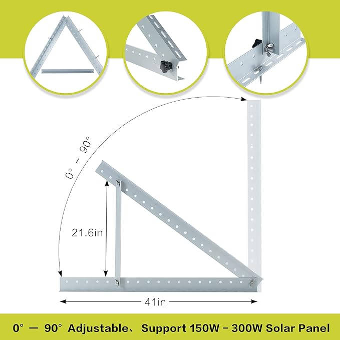JJN 41" Solar Panel Mount, 0 to 90° Adjustable Solar Panel Mounting Brackets, Aluminum Stand Supports Single Panel from 100W to 300W with Foldable Tilt Legs for Flat roof, Ground,RV Boat