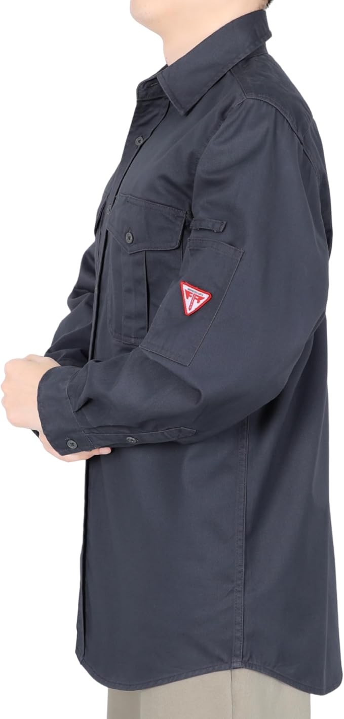 TICOMELA Men’s Mid-Weight FR Welding Shirt, 7.5oz 100% Cotton NFPA 2112 CAT2 – Flame-Resistant Button-Down Work Shirt