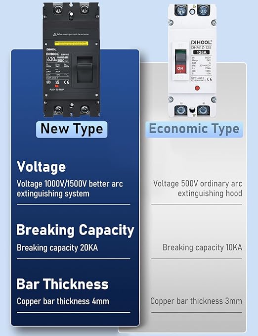 DIHOOL 630 Amp DC Circuit Breaker,2P 1500V 20kA,Heavy Duty Battery Disconnect Switch with Thermal Magnetic Trip for Solar System