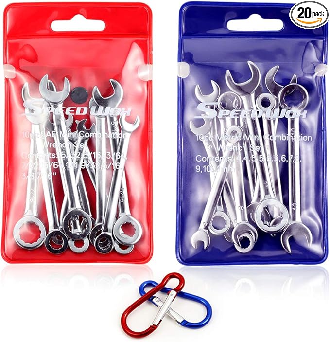 SPEEDWOX Mini Wrench Set Metric SAE Ignition Wrench Sets Open and Box End Wrench Set Small Wrench Set Combination Wrench Sets with Storage Pouches and Key Chains, 4mm-11mm & 5/32"-7/16"