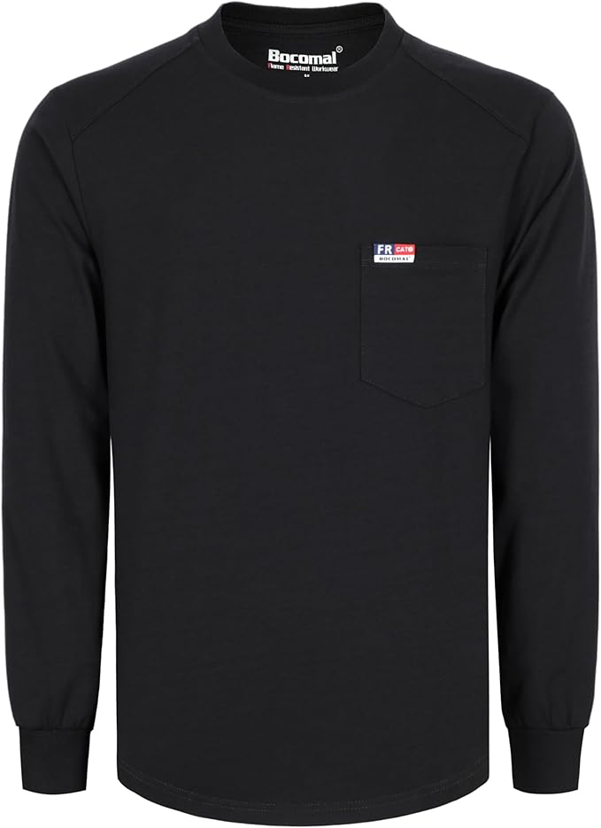 BOCOMAL Men's FR Shirts Long Sleeve Crewneck EX Soft Heather Series 6oz Midweight Flame Resistant Work T Shirt CAT2