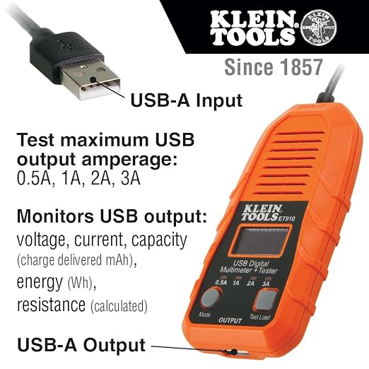 Klein Tools ET910 USB Power Meter and Tester, USB-A Digital Meter for Voltage, Current, Capacity, Energy, Resistance, Max Current