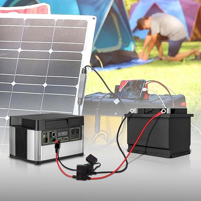 2Pack 12AWG Solar 45A Connecter to O Ring Terminal, Dual Fuse Holder Cable, Compatible with Anderson Connector Port, for Automotive Portable Power Station Solar Generators- 2FT