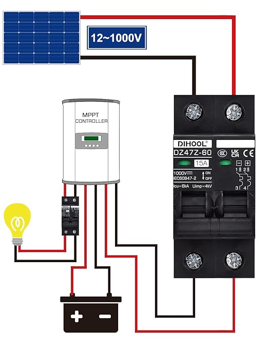 DIHOOL DC Circuit Breaker 15 Amp Solar Disconnect Switch 2P 12-1000V for PV, UPS, RV Battery,DIN Rail Mount