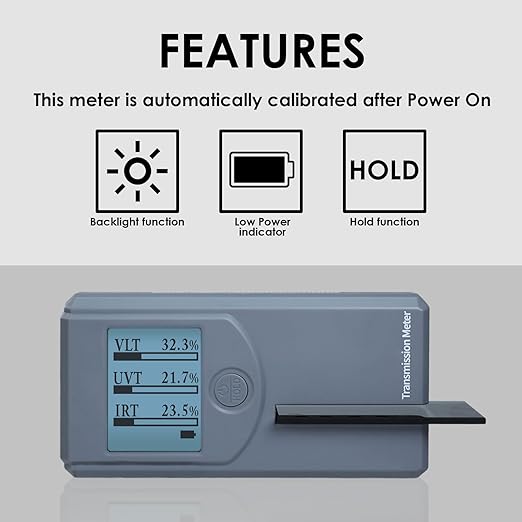 Tint Meter Portable Window Tint Meter Automatic Rotating Screen Window Tint Tester, Automatic Calibration, Measuring VL(Visible Light) UV IR Transmittance and Rejection of Windows, Solar Window Film