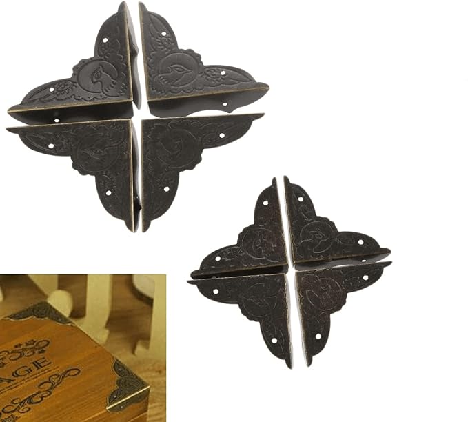 dophee 4 Pack Vintage Corner Protectors, 1.54"x1.54"x0.39" Antique Bronze Decorative Edge Corner Protectors, Three-Sided Metal Edge Cover with Mounting Nails for Table Jewelry Wine Wooden Box