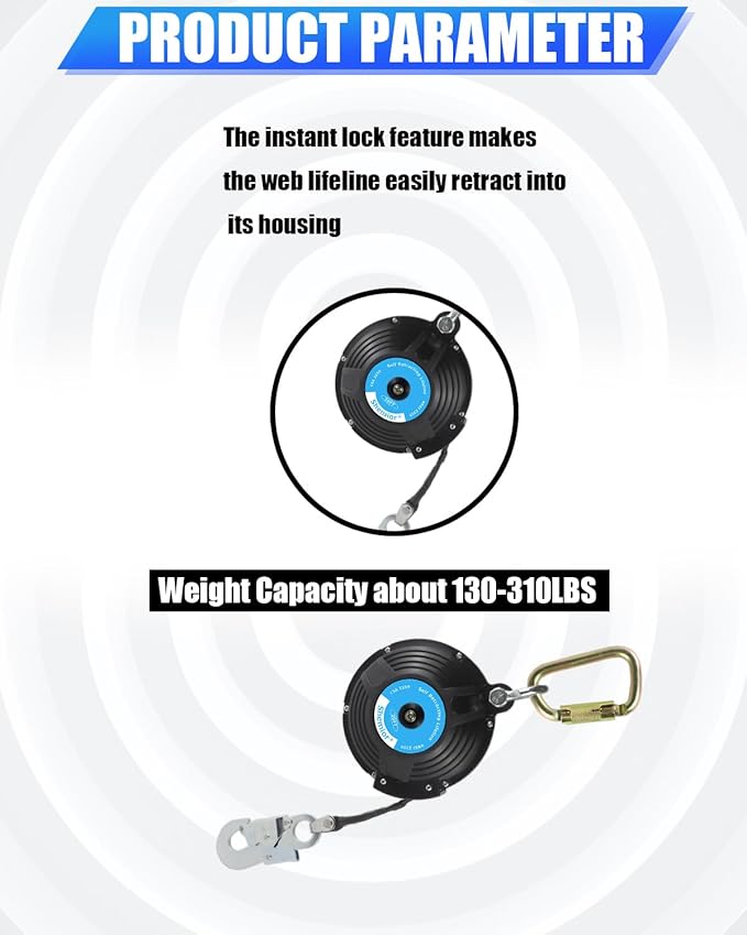 20FT Web Self Retracting Lifeline, No Tangle Lightweight SRL, Self Retractable Safety Lanyard, Fall Arrest Protection Gear for Roofing Construction, OSHA/ANSI Compliant