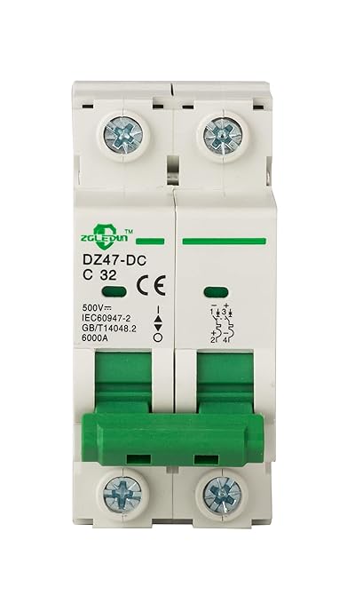 DC Miniature Circuit Breaker, 2 Pole 32 Amp, 250V-500VDC, 6kA Din Rail Mount Breaker with Thermal Magnetic Trip, DZ47-63 C32 2P, DC Solar MCB