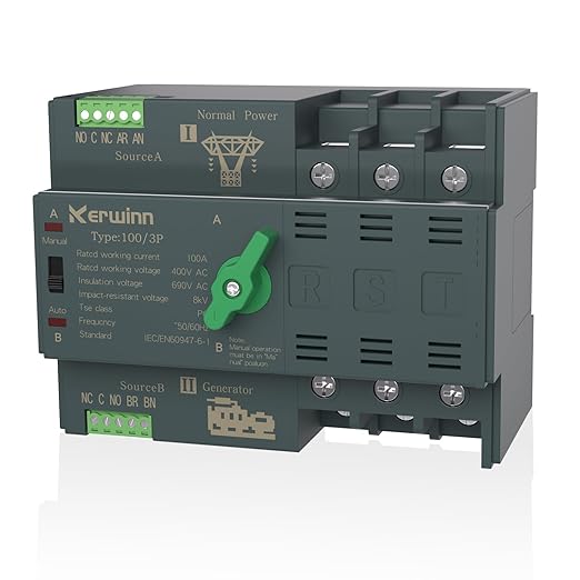 Mini ATS Automatic Transfer Switch 100 amp Manual Transfer Switch Power Transfer Switch 220V Dual Power Electrical Selector Switches DIN Rail Mount（3P）