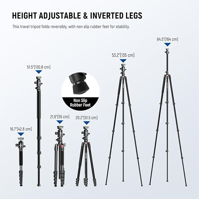 NEEWER Basics 64.5" Horizontal Overhead Tripod Monopod for Dual Camera Aluminum Travel DSLR Camcorder Stand with Cell Phone Holder Compatible with iPhone for Video Recording, 22lb/10kg Load, TP66