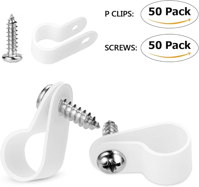 LOKMAN 50 Pack 1/4 Inch Rope Light P-Style Mounting Clips with Compatible Stainless Steel Pan Head Phillips Screws