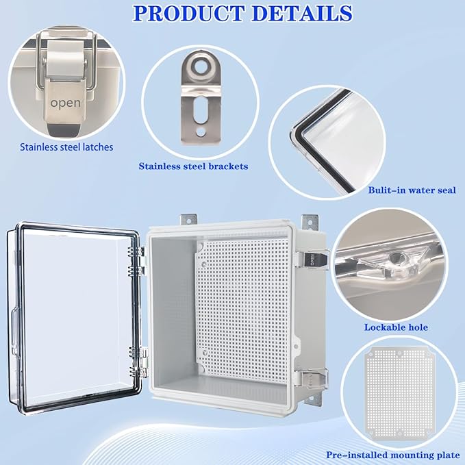 Waterproof Outdoor Electrical Box Junction Box Weatherproof IP67 ABS Plastic Enclosure Switch Router Project Box with Mounting Plate with Wall Bracket 2 Cable Glands Clear 8.27" x 8.27" x 5.12"