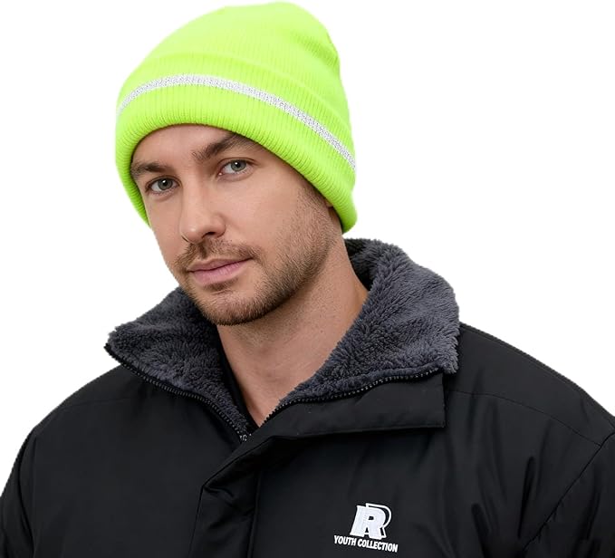 MELASA Fleece Lined Warm Winter Hat, High Visible Reflective Strip Knit Cuffed Beanie Safety Hat for Outdoor Work Running