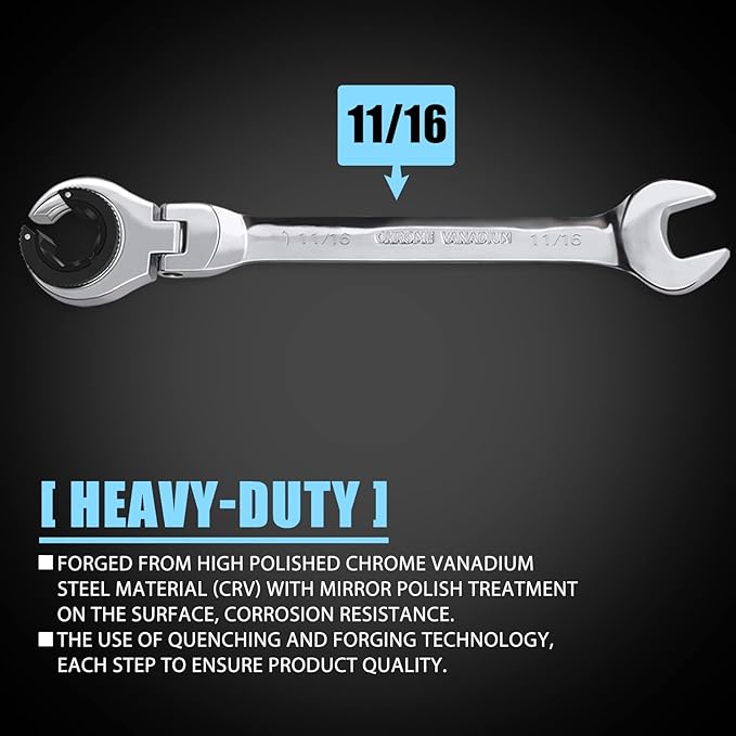 LOSCHEN】1PCS 11/16 Open Flex-Head Ratcheting Wrench, SAE Ratcheting Spanner with 72 Teeth, Chrome Vanadium Steel Tubing Ratchet Spanner