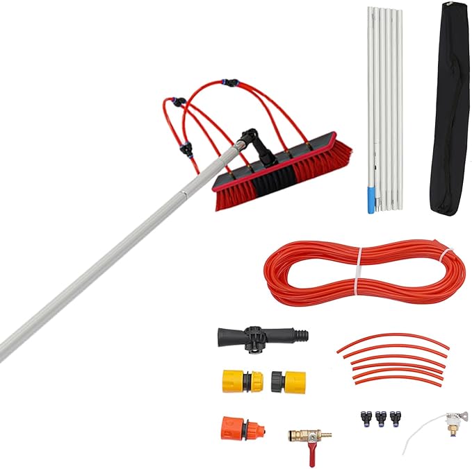 Solar Panel Cleaning Brush & Squeegee Kit, 19.69ft Long Reach Extendable Water Fed Pole Kit, Water Fed Window Cleaner Tool with 14" Brush, for Window Outdoor Roof Cleaner Kit (19.69FT Long)