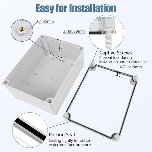 LeMotech Junction Box IP67 Waterproof Dustproof Electrical Box Project Box DIY Enclosure Gray with Transparent Clear Cover, External Size 7.9x5.9x3.9in (200x150x100mm)