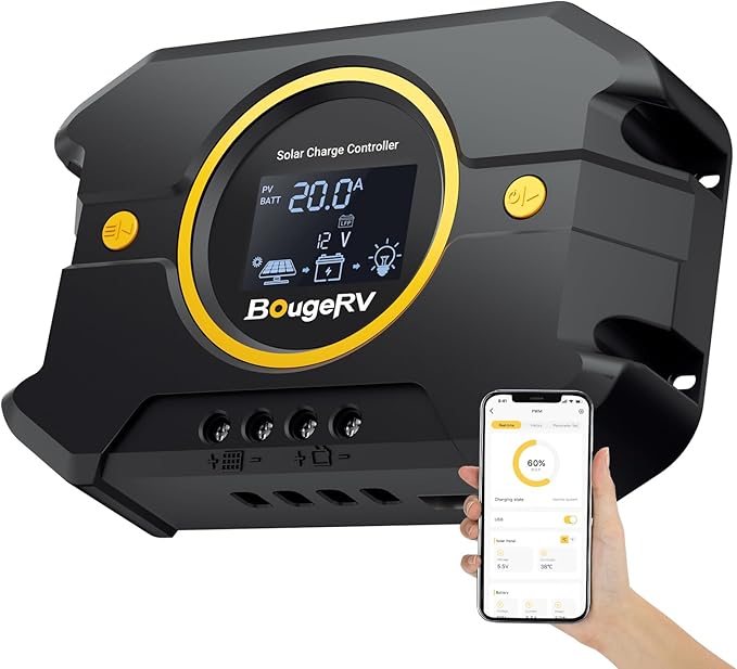 BougeRV Li 20A PWM Solar Charge Controller 12V 24V, Solar Panel Regulator w/Backlit Display, USB Port, Adjustable Parameter, for Lithium, AGM, SLD, Gel Battery, for RV, Off-Gird, Negative Ground