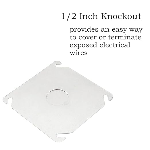4 Packs Square Electrical Box Cover with 1/2 Inch Knockout, 4 Inch Metal Junction Box Covers, Flat Outlet Box Plate with Angled Mounting Slots for 4 inch Square Box