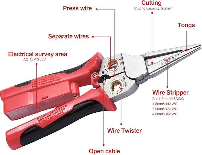 Pro 8-in-1 Wire Stripping Pliers with Voltage Tester for Live/Neutral Wires 12–250V, Needle Nose Pliers, Wire Cutter, Crimper and Wire Twister, Heavy Duty Electrical Tool for Electricians(Red)