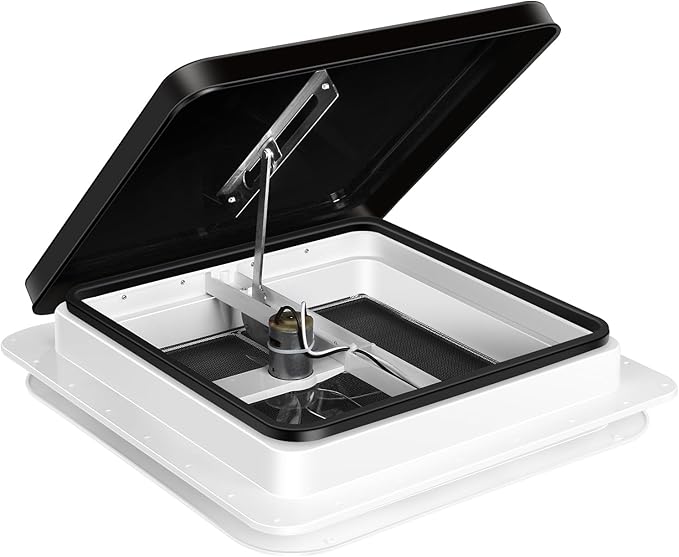 RV Roof Vent 12V Reversible FAN Kit 14" x 14" Manual Lift Black Lid