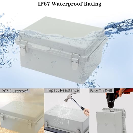 Zulkit Junction Box ABS Plastic Dustproof Waterproof IP67 Electrical Boxes Hinged Shell Outdoor Universal Project Enclosure Grey, Stainless Steel Buckles 8.7 x 6.7 x 4.3 Inch