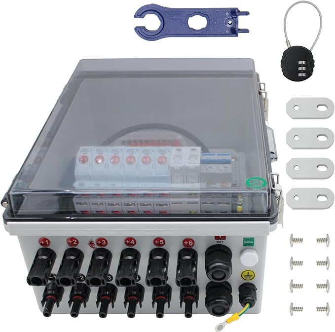 6 String Solar Combiner Box, IP65 Waterproof DC Combiner Box, Equipped with Circuit Breaker, Lightning Arrester and 15A Rated Current Fuse(Transparent, with Lock)