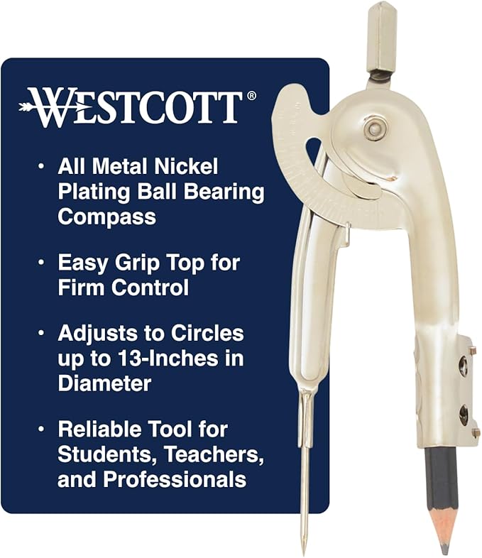 Westcott Nickel-Plated Ball Bearing Compass with Pencil, Professional Style, Back-to-School Supplies, Draws Circles up to 13 Inches in Diameter