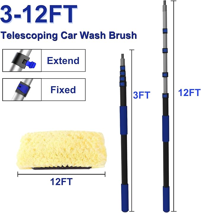 18Ft Reach Car Wash Brush with Long Handle, Car Cleaning Brush 12-Inch Soft Bristles, 3-12Foot Aluminium Telescoping Pole for Scratch-Free Cleaning RV, Car, Boats, Truck, Floors, Solar Panels